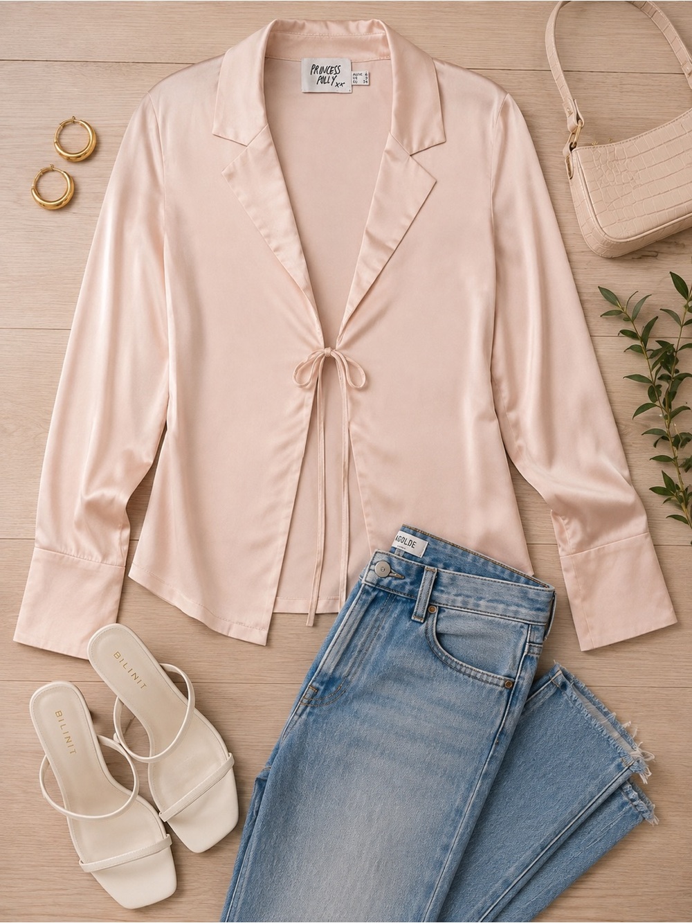 Princess Polly Champagne Satin Tie-Front Blouse